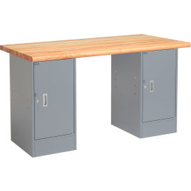 Global Industrial 607659 Global Industrial™ 72 x 30 Pedestal Workbench - 2 Cabinets, Maple Block Safety Edge - Gray image.