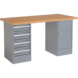 Global Industrial 60 x 30 Pedestal Workbench - 4 Drawers & Cabinet, Shop Top Square Edge Gray