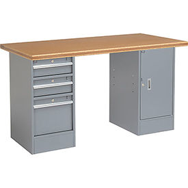 Global Industrial 72x30 Pedestal Workbench - 3 Drawers & 1 Cabinet, Shop Top Safety Edge Gray