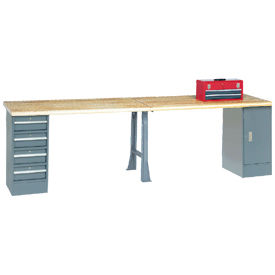 Global Industrial Extra Long Industrial Workbench Safety Edge 1 Cabinet 144"W x 30"D Gray 
