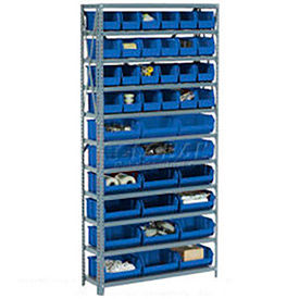 Global Industrial 603243BL Global Industrial™ Steel Open Shelving with 21 Blue Plastic Stacking Bins 6 Shelves - 36x12x39 image.