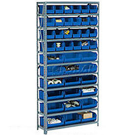 Global Industrial 603244BL Global Industrial™ Steel Open Shelving with 17 Blue Plastic Stacking Bins 6 Shelves - 36x12x39 image.