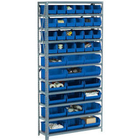 Global Industrial 603247BL Global Industrial™ Steel Open Shelving with 16 Blue Plastic Stacking Bins 5 Shelves - 36x18x39 image.