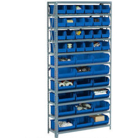Global Industrial 603249BL Global Industrial™ Steel Open Shelving with 12 Blue Plastic Stacking Bins 5 Shelves - 36x18x39 image.