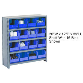 Global Industrial 603257BL Global Industrial™ Steel Closed Shelving - 15 Blue Plastic Stacking Bins 6 Shelves - 36x12x39 image.