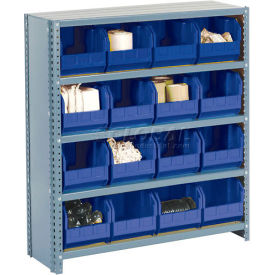 Global Industrial 603263BL Global Industrial™ Steel Closed Shelving with 8 Blue Plastic Stacking Bins 5 Shelves - 36x18x39 image.
