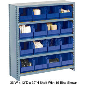 Global Industrial 603268BL Global Industrial™ Steel Closed Shelving - 36 Blue Plastic Stacking Bins 10 Shelves - 36x12x73 image.