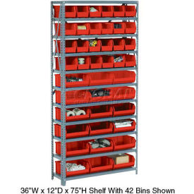 Global Industrial 603243RD Global Industrial™ Steel Open Shelving with 21 Red Plastic Stacking Bins 6 Shelves - 36x12x39 image.
