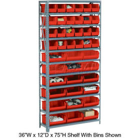 Global Industrial 603245RD Global Industrial™ Steel Open Shelving with 30 Red Plastic Stacking Bins 6 Shelves - 36x12x39 image.