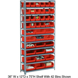 Global Industrial Steel Open Shelving with 36 Red Plastic Stacking Bins 10 Shelves - 36x18x73