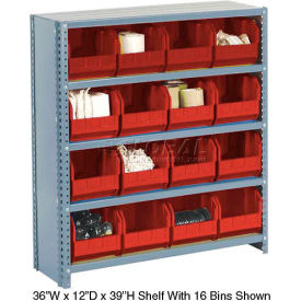Global Industrial 603258RD Global Industrial™ Steel Closed Shelving with 21 Red Plastic Stacking Bins 6 Shelves - 36x12x39 image.