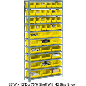 Global Industrial Steel Open Shelving - 21 Yellow Plastic Stacking Bins 6 Shelves - 36x12x39