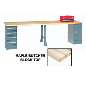 Global Industrial 607966 Global Industrial™ 120"W x 30"D Production Workbench - Maple, Cabinet, 4 Drawer, 1 Leg, Gray image.