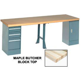 Global Industrial 607972 Global Industrial™ 120"W x 30"D Production Workbench - Maple, Cabinet, 3 Drawer, 1 Leg, Gray image.