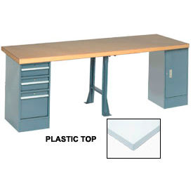 Global Industrial 607983 Global Industrial™ 96x30 Production Workbench Laminate Square Edge, Cabinet, 3 Drawer, 1 Leg image.