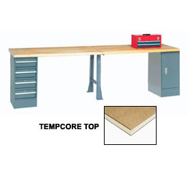 Global Industrial 96x30 Production Workbench Shop Square Edge Top Cabinet 4 Drawer 1 Leg GY 