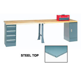 Global Industrial 96x30 Production Workbench Steel Square Edge, Cabinet, 4 Drawer, 1 Leg GY