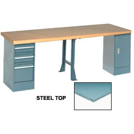Global Industrial 120x30 Production Workbench Steel Square Edge Cabinet 3 Drawer 1 Leg GY 