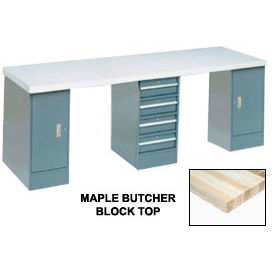 Global Industrial 607974 Global Industrial™ 96x30 Production Workbench, Maple Square Edge Top, 2 Cabinet, 4 Drawer GY image.