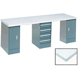 Global Industrial 607986 Global Industrial™ 96x30 Production Workbench, Laminate Square Edge Top, 2 Cabinet, 4 Drawer GY image.