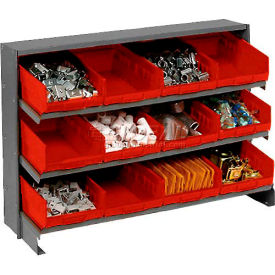 Global Industrial 603423RD Global Industrial™ 3 Shelf Bench Pick Rack - 12 Red Plastic Shelf Bins 8 Inch Wide 33x12x21 image.