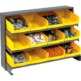 Global Industrial 603423YL Global Industrial™ 3 Shelf Bench Pick Rack - 12 Yellow Plastic Shelf Bins 8 Inch Wide 33x12x21 image.