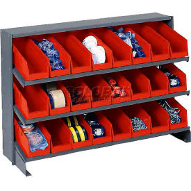 Global Industrial 603424RD Global Industrial™ 3 Shelf Bench Pick Rack - 24 Red Plastic Shelf Bins 4 Inch Wide 33x12x21 image.