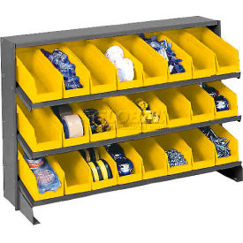 Global Industrial 603424YL Global Industrial™ 3 Shelf Bench Pick Rack - 24 Yellow Plastic Shelf Bins 4 Inch Wide 33x12x21 image.