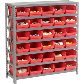 Global Industrial 603429RD Global Industrial™ Steel Shelving with 30 4"H Plastic Shelf Bins Red, 36x12x39-7 Shelves image.