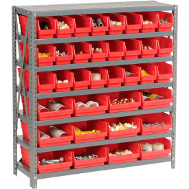 Global Industrial 603433RD Global Industrial™ Steel Shelving with Total 36 4"H Plastic Shelf Bins Red, 36x12x39-7 Shelves image.