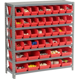 Global Industrial 603437RD Global Industrial™ Steel Shelving with Total 42 4"H Plastic Shelf Bins Red, 36x18x39-7 Shelves image.
