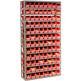 Global Industrial 652786RD Global Industrial™ Steel Shelving With 144 4"H Plastic Shelf Bins Red, 36x12x72-13 Shelves image.
