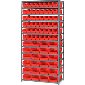 Global Industrial 603445RD Global Industrial™ Steel Shelving with 60 4"H Plastic Shelf Bins Red, 36x18x72-13 Shelves image.