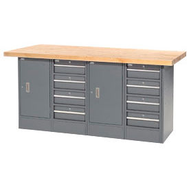 Global Industrial 239160 Global Industrial™ Workbench w/ Maple Square Edge Top, 8 Drawers & 2 Cabinets, 72"Wx30"D, Gray image.