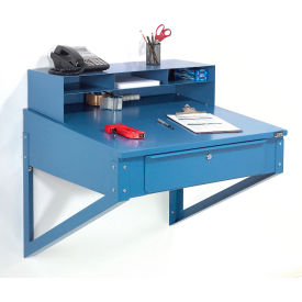 Global Industrial 634177BL Global Industrial™ Wall Mount Shop Desk w/ Pigeonhole Riser, 34-1/2"W x 30"D, Blue image.