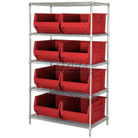 Quantum Storage Systems WR5-955RD Quantum WR5-955 Chrome Wire Shelving With 8 24"D Bins Red, 42x24x74 image.
