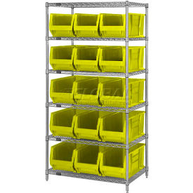Quantum Storage Systems WR6-954YL Quantum WR6-954 Chrome Wire Shelving With 10 24"D Bins Yellow, 36x24x74 image.