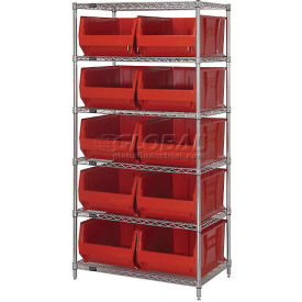 Quantum Storage Systems WR6-954RD Quantum WR6-954 Chrome Wire Shelving With 10 24"D Bins Red, 36x24x74 image.
