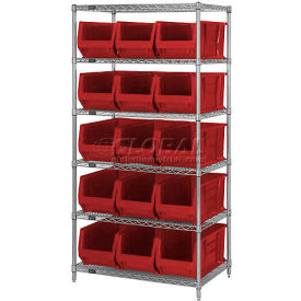 Quantum Storage Systems WR6-953RD Quantum WR6-953 Chrome Wire Shelving With 15 24"D Bins Red, 36x24x74 image.