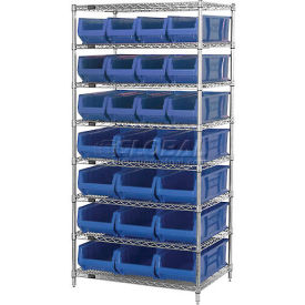 quantum wr7-20-mixbl chrome wire shelving with 20 24"d bins blue, 36x24x74 Quantum WR7-20-MIXBL Chrome Wire Shelving With 20 24"D Bins Blue, 36x24x74