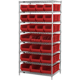 Quantum Storage Systems WR8-950952RD Quantum WR8-950952 Chrome Wire Shelving With 24 24"D Bins Red, 36x24x74 image.