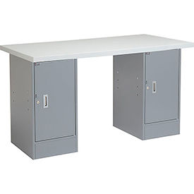 Global Industrial 72x24 Pedestal Workbench - Double Cabinet, Plastic Laminate Square Edge Gray