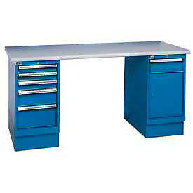 Global Industrial 72x30 Square Plastic Pedestal Workbench with 5 Drawers & Cabinet