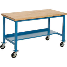 Global Industrial 253975BL Global Industrial™ Mobile Workbench, 60 x 30", Square Tubular Leg, Maple Square Edge, Blue image.