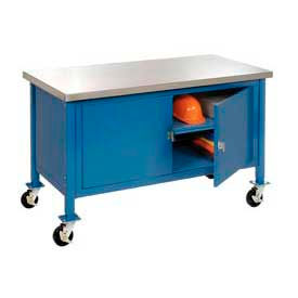 Global Industrial 249214BL Global Industrial™ Mobile Cabinet Workbench - Stainless Steel Square Edge, 72"W x 30"D, Blue image.