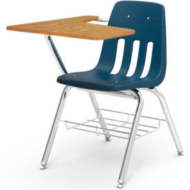 Virco Inc 978379C5184 Virco® 9700br Classic Chair Desk- Med Oak Curve Top/Navy Seat/Chrome Frame image.