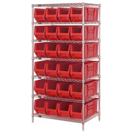 Quantum Storage Systems WR7-951RD Quantum WR7-951 Chrome wire Shelving With 24 24"D Hopper Bins Red, 24x36x74 image.