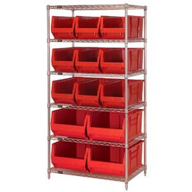 Quantum Storage Systems WR6-953954RD Quantum WR6-953954 Chrome wire Shelving With 13 24"D Hopper Bins Red, 24x36x74 image.