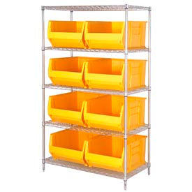Quantum Storage Systems WR5-975YL Quantum WR5-975 Chrome wire Shelving With 8 30"D Hopper Bins Yellow, 30x42x74 image.