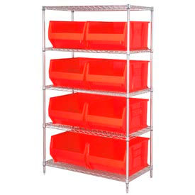 quantum wr5-995 chrome wire shelving with 8 36"d hopper bins red, 36x48x86 